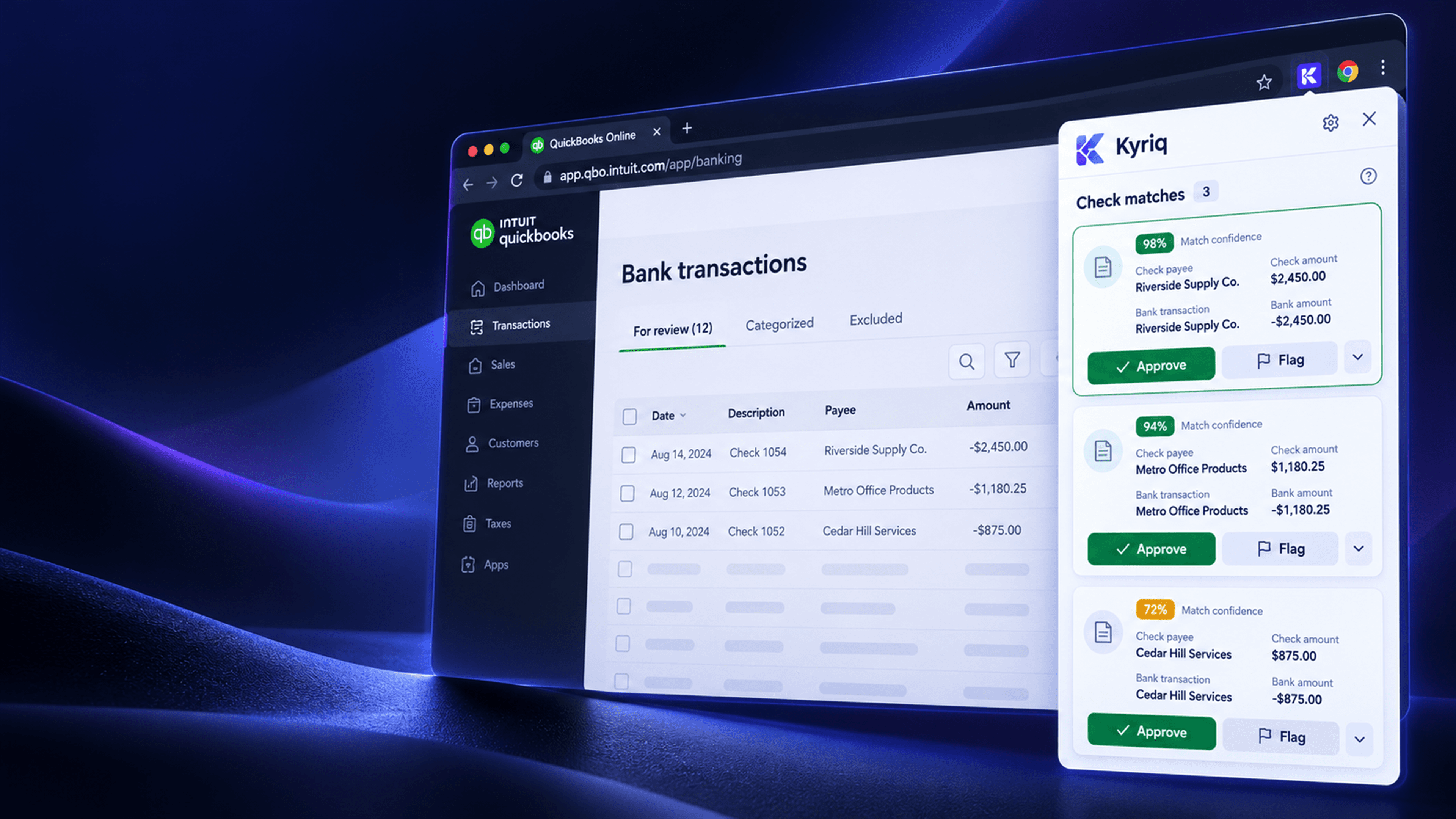 Kyriq Chrome extension reviewing suggested matches inside QuickBooks Online