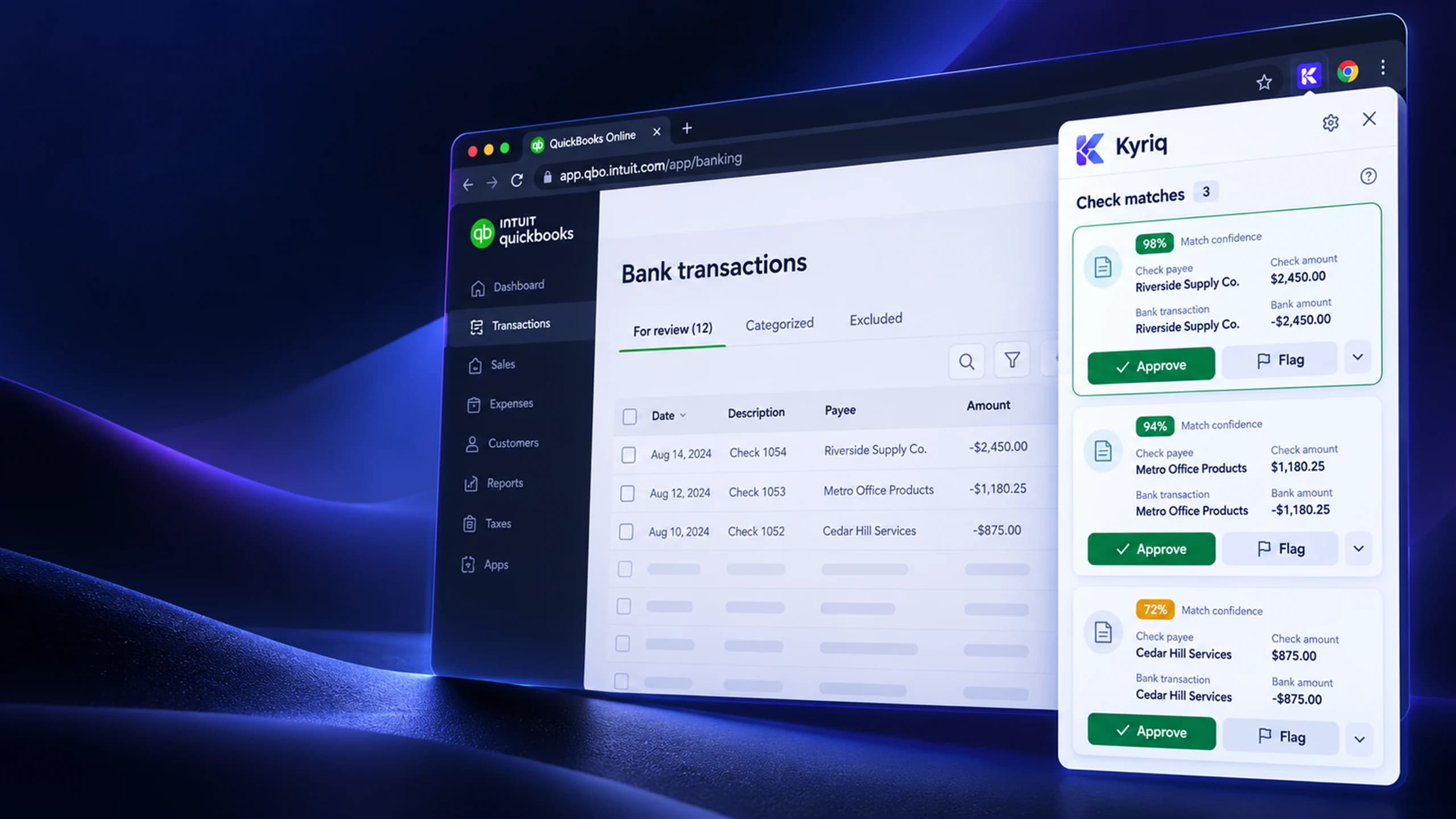 Kyriq Chrome extension reviewing suggested matches inside QuickBooks Online
